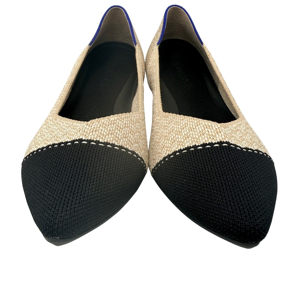 Rothys The Point Flats Shoes Women Size 9 Beige Black Knit Blue Trim